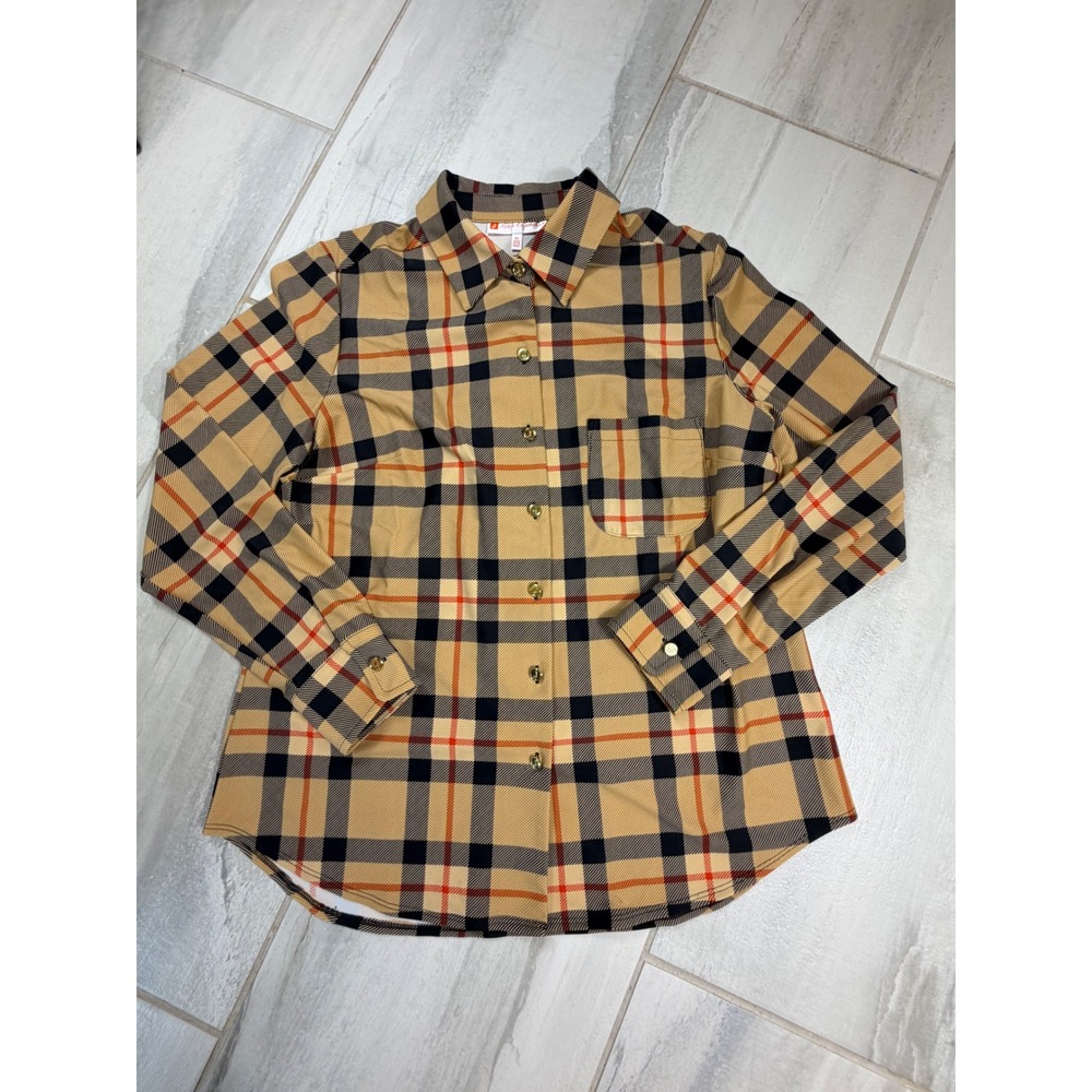 Jude Connally Women XL Plaid Button Down Shirt Tan Black Red Gold Buttons 301029